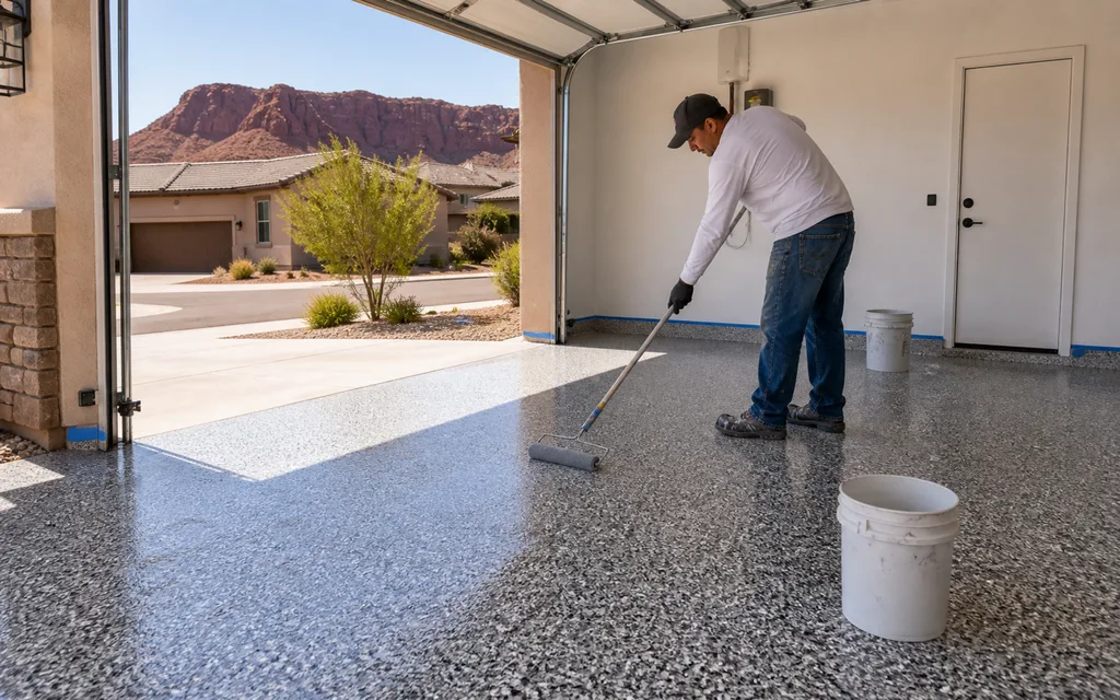 Epoxy flake garage floor installation in St. George