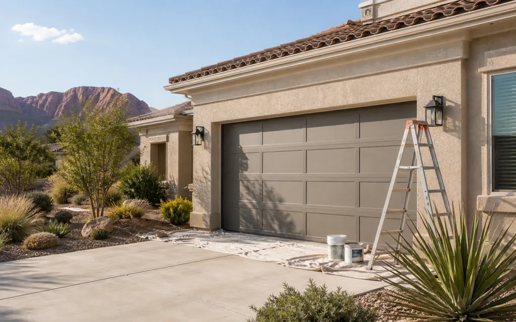 Freshly painted garage door on a St. George stucco home